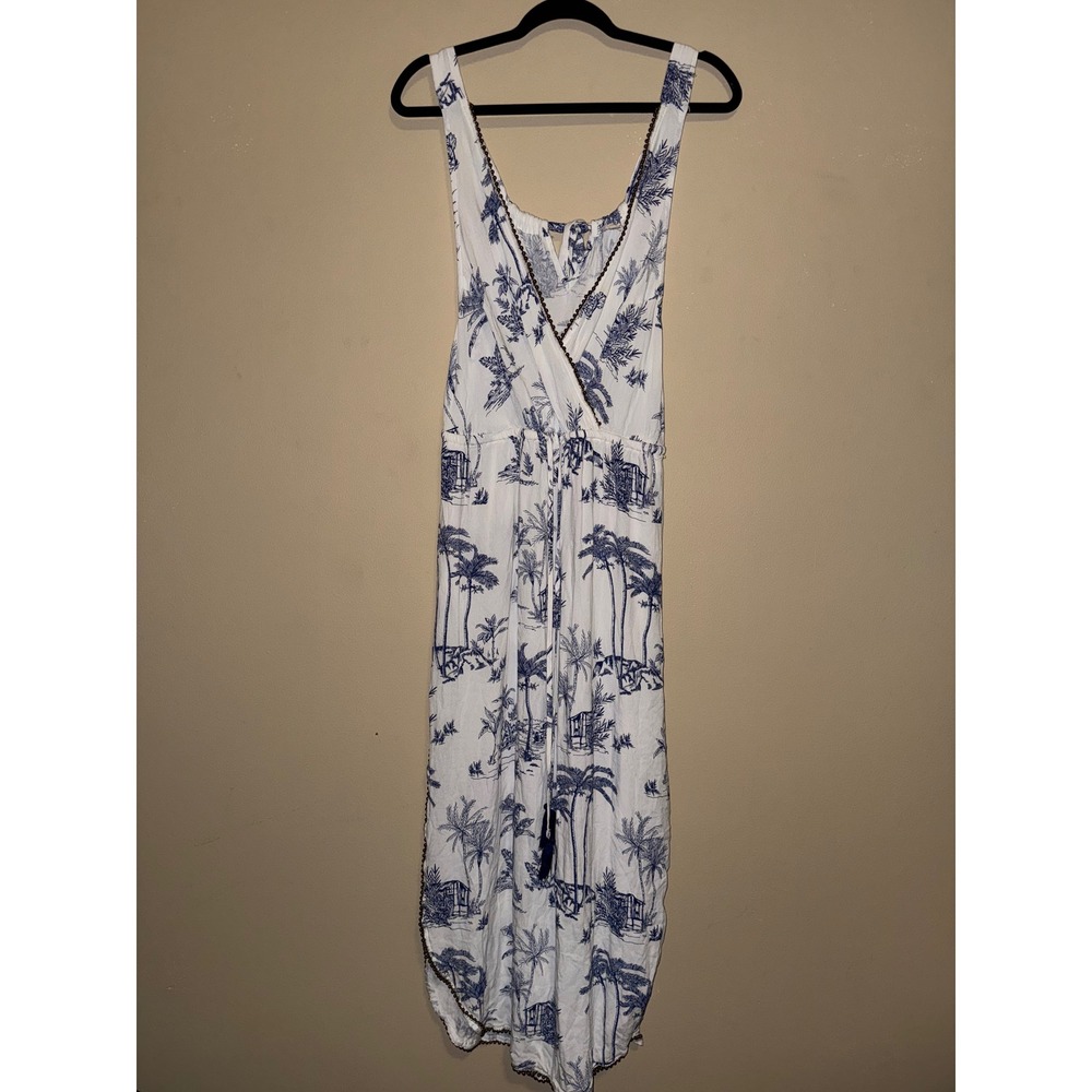 Surf Gypsy Blue White Tropical Palm Toile Beaded Maxi Dress L Boho BeachVacation